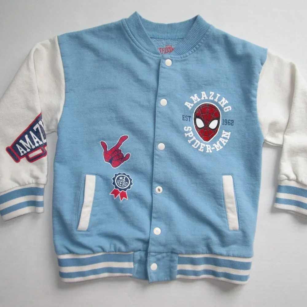 Marvel Spiderman Varsity Bomber Jacket Boys Sz 6 Graphic Print Blue White